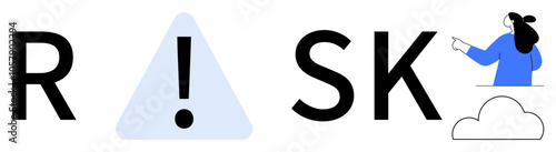 Bold letters spell risk with an exclamation mark replacing I. A person points right. Ideal for safety, caution, warnings, risk management, education. Clean, modern, minimalistic style