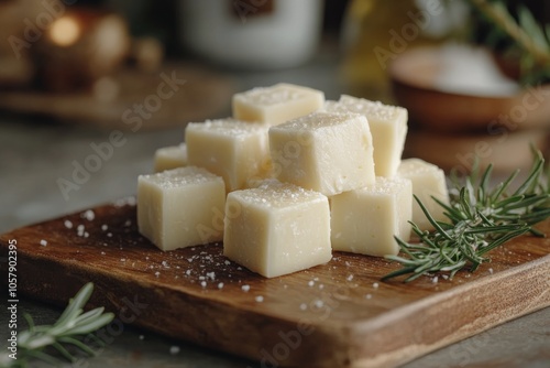 Cubes of fresh cheese arranged on a wooden cutting board with rosemary sprigs...