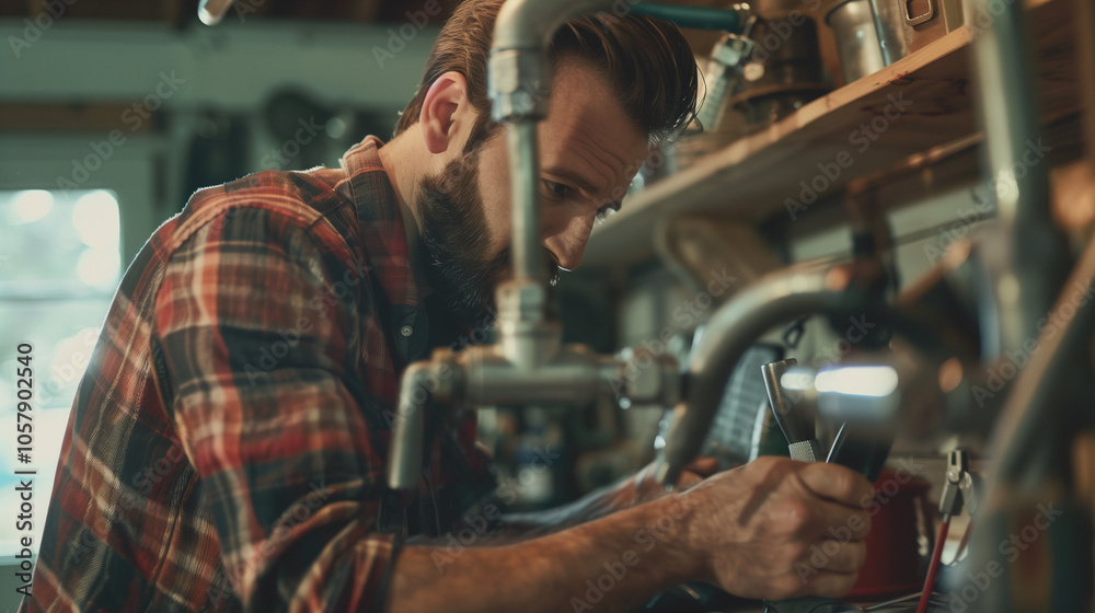 European-looking man working with plumbing tools in a professional workshop, focused and engaged in his task. European-looking man working with plumbing tools in a professional workshop, focused and engaged in his task.