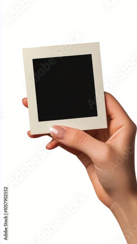 A person holding a blank square photo frame under natural light indoors in a ...