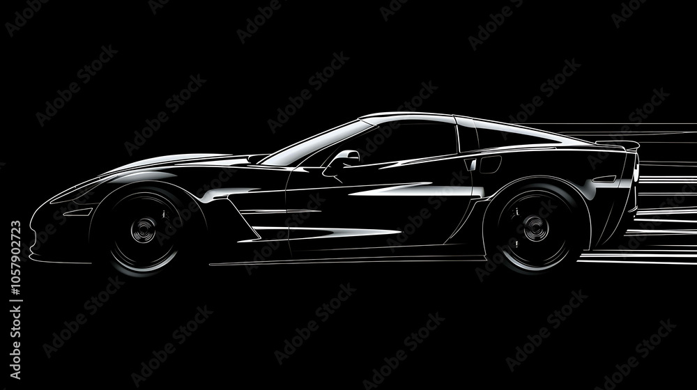 The image is a black outline of a sleek sports car on a black background. The image is a black outline of a sleek sports car on a black background.