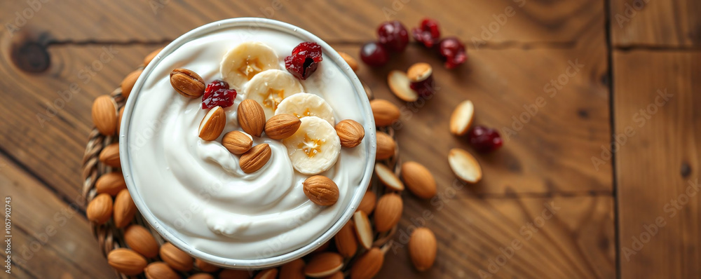 Delicious yogurt bowl topped with bananas, nuts, and cranberries on wooden table Delicious yogurt bowl topped with bananas, nuts, and cranberries on wooden table