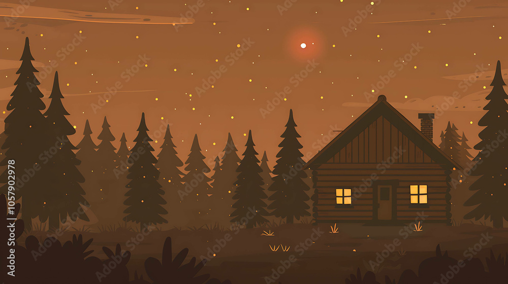 Fototapeta premium A cozy cabin nestled in the woods. The warm glow of the cabin's windows contrasts with the cool, dark night sky.