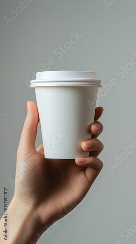 A person holds a plain white coffee cup against a neutral background in a cas...