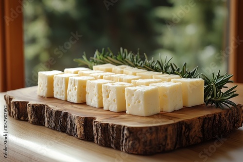 Cubes of fresh cheese arranged on a wooden cutting board with rosemary sprigs...