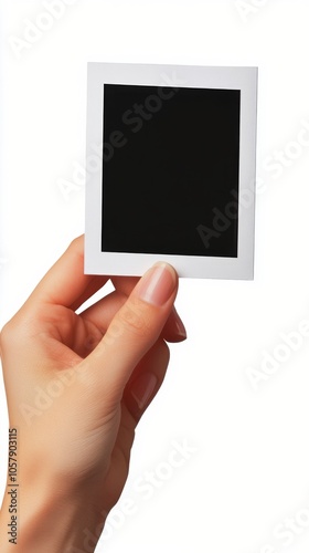 A person holding a blank square photo frame under natural light indoors in a ...