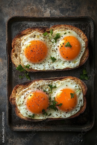 Delicious baked eggs nestled in bread cups topped with herbs on a rustic wood...