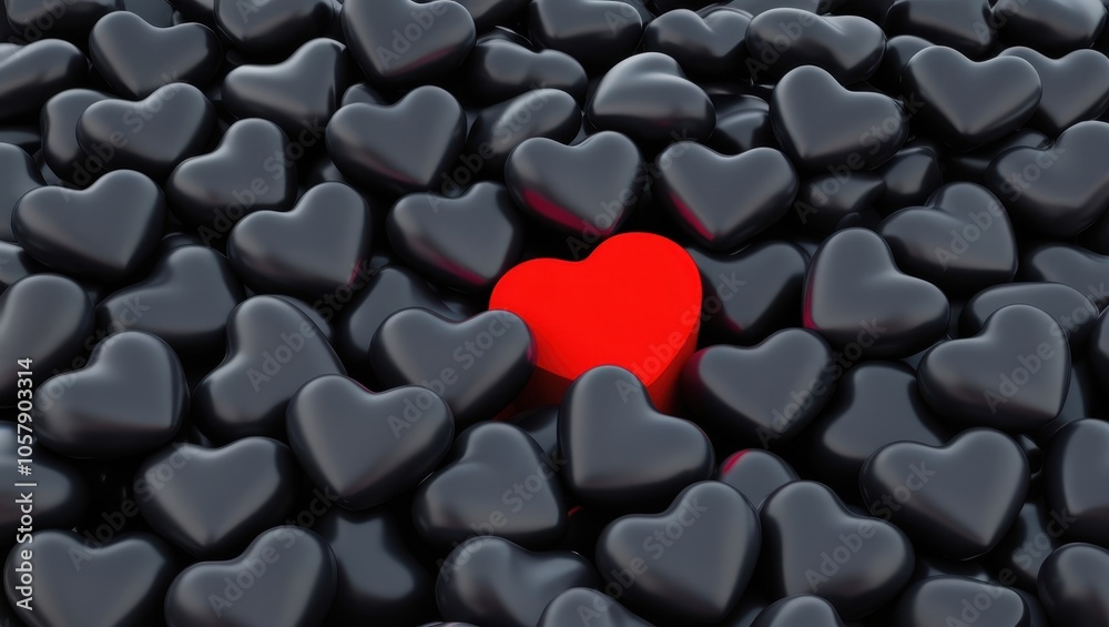 Abstract Image of Dark Heart Shapes with One Red Heart in Center Abstract Image of Dark Heart Shapes with One Red Heart in Center