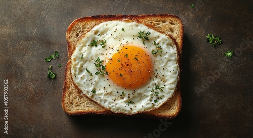 Fried egg perched on toasted bread garnished with herbs on a rustic table setting photo