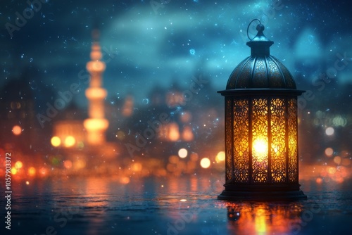 Beautifully crafted lantern illuminates evening sky near historic architectur...