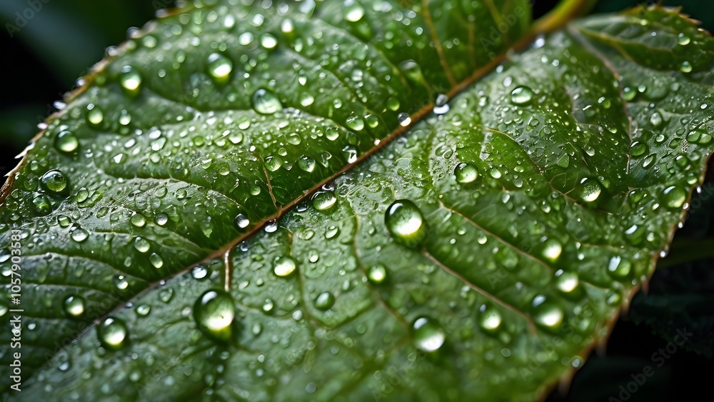 Fototapeta premium Dew-Kissed Green Leaf with Detailed Veins and Fresh Texture in Nature