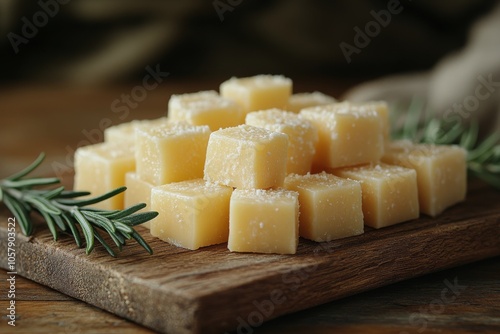 Cubes of fresh cheese arranged on a wooden cutting board with rosemary sprigs...