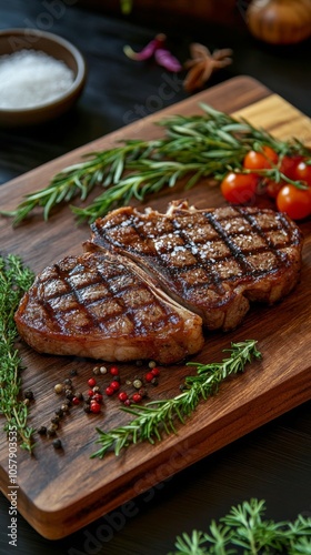 Deliciously grilled steak served with fresh herbs and cherry tomatoes on a wo...