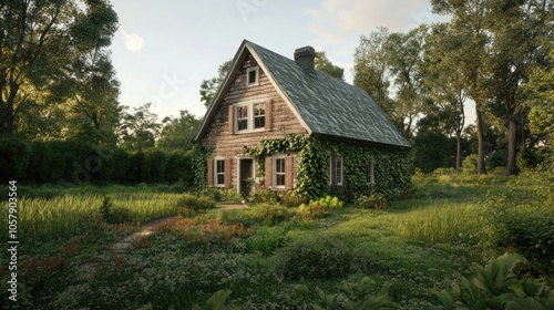 A charming wooden house surrounded by lush greenery and vibrant flowers in a serene setting.