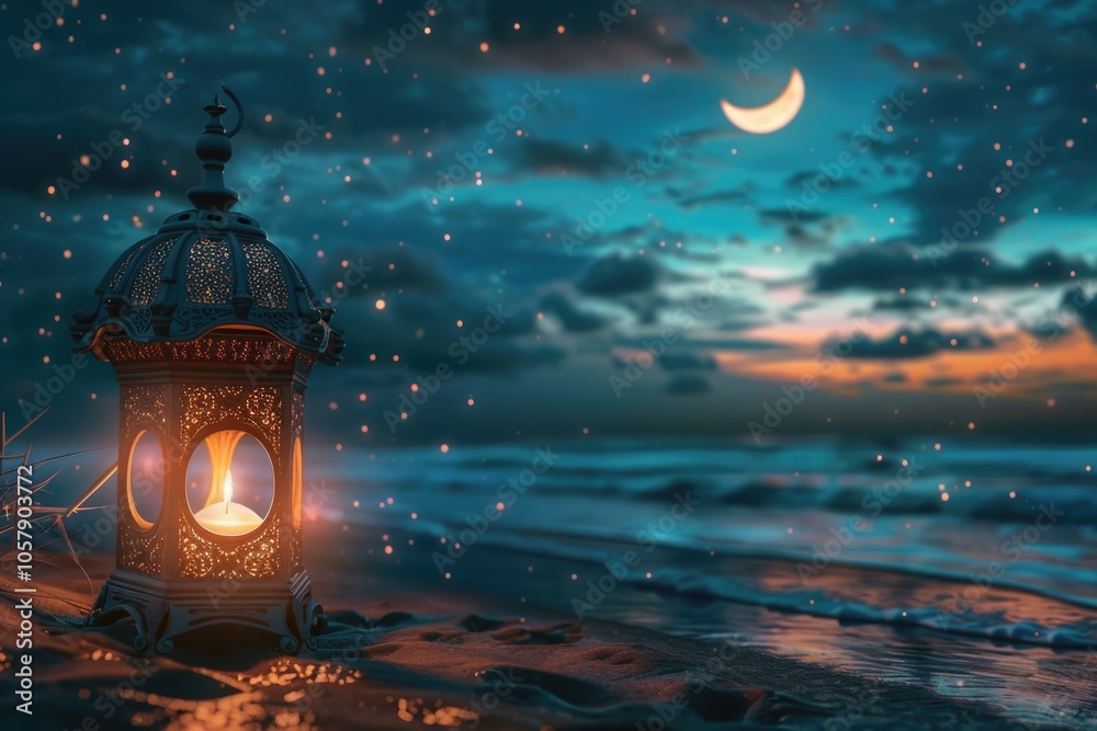 Ramadan greeting poster with lantern lamp on beach 2024. Ramadan greeting poster with lantern lamp on beach 2024.