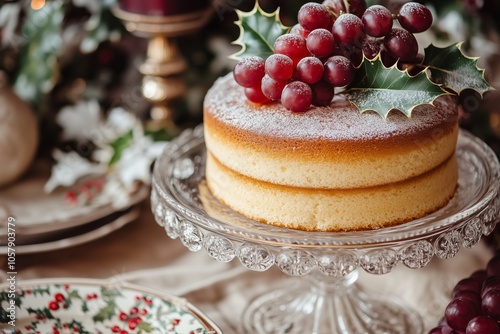 rustic dessert setup with a sponge cake on a glass stand, served beside a bunch of red grapes on a decorated holiday plate