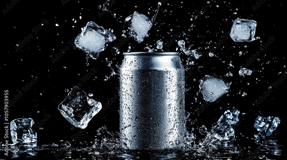 Empty aluminium can mockup with flying ice cubes and splash isolated on black background. Empty aluminium can mockup with flying ice cubes and splash isolated on black background.