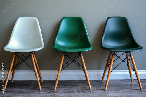 Three colorful chairs with wooden legs arranged against a neutral wall in a s...