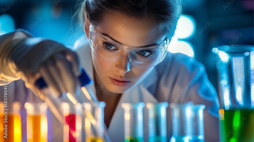 A woman in a lab coat carefully examines a liquid in a test tube. A woman in a lab coat carefully examines a liquid in a test tube.