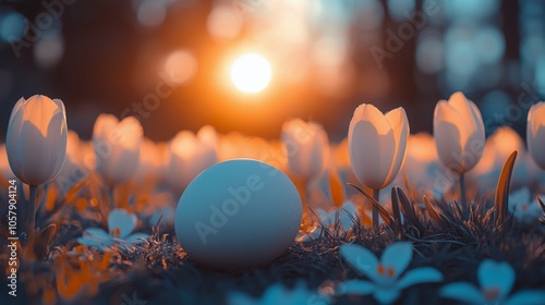 Serene sunset over a field of flowers with an egg resting on the grass in ear...
