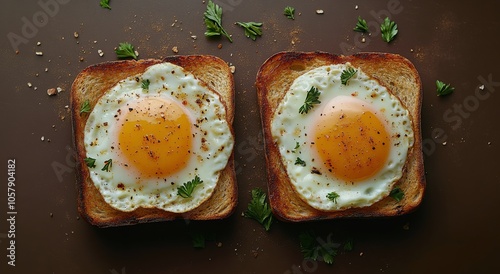 Fried egg perched on toasted bread garnished with herbs on a rustic table set...