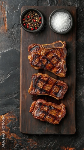 Deliciously grilled steak served with fresh herbs and cherry tomatoes on a wo...