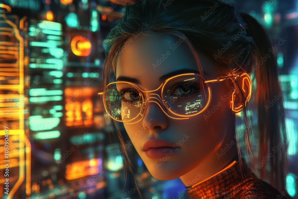 portrait of a cyberpunk girl in glasses with neon lighting portrait of a cyberpunk girl in glasses with neon lighting