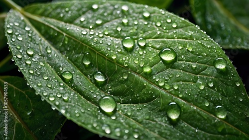 Dew-Kissed Green Leaf with Detailed Veins and Fresh Texture in Nature