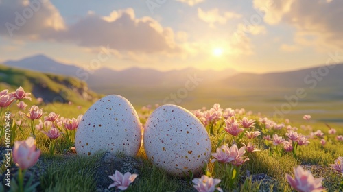 Serene sunset over a field of flowers with an egg resting on the grass in ear...