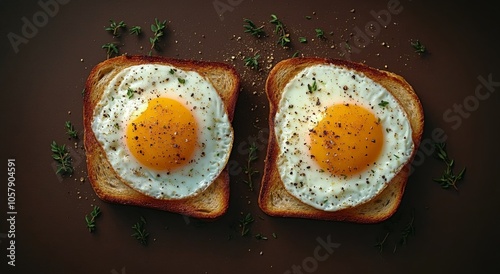 Fried egg perched on toasted bread garnished with herbs on a rustic table set...