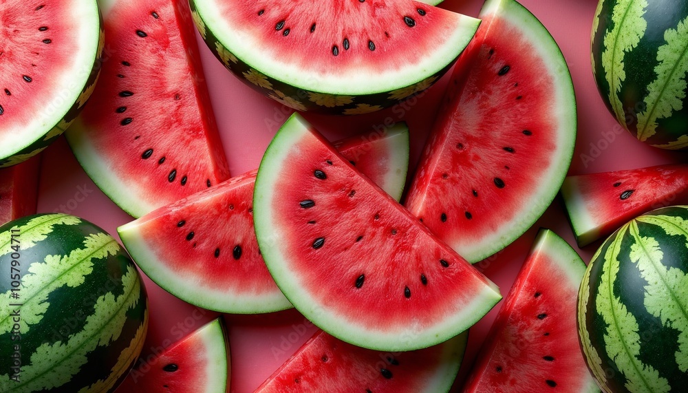 Fresh watermelon slices arranged artistically on a pink background Fresh watermelon slices arranged artistically on a pink background
