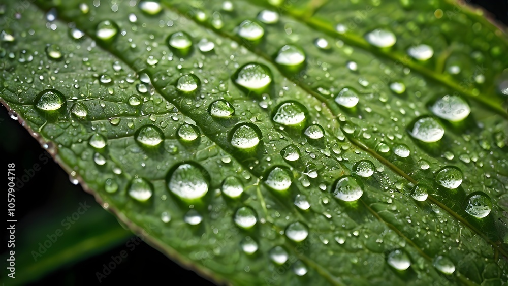 Dew-Kissed Green Leaf with Detailed Veins and Fresh Texture in Nature Dew-Kissed Green Leaf with Detailed Veins and Fresh Texture in Nature