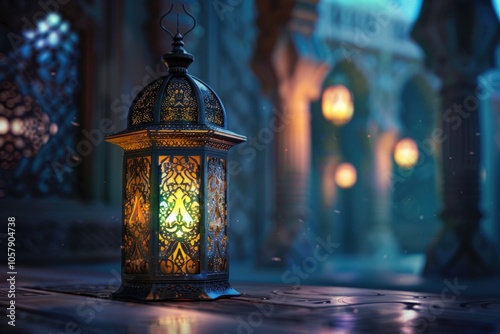 Ramadan Lantern in low light mode with arabesque background. photo