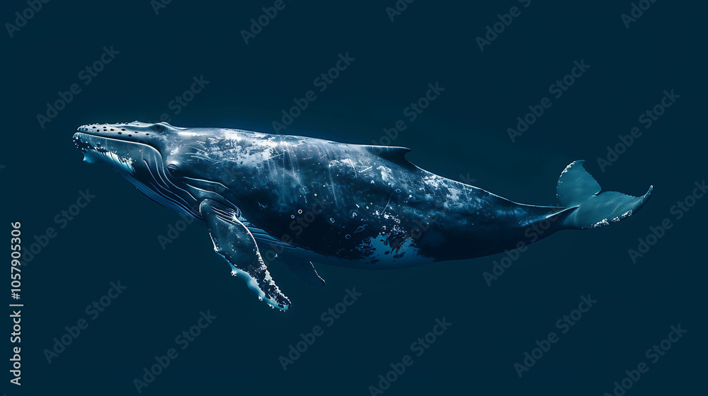Obraz premium A majestic blue whale glides gracefully through the deep blue ocean, its enormous body shimmering in the sunlight.