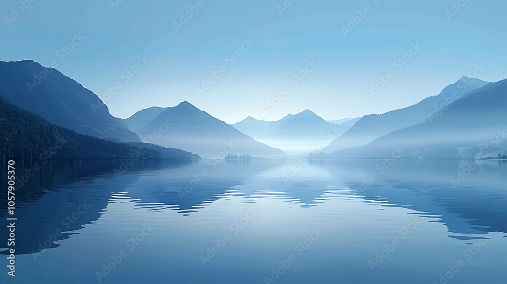 Tranquil lake and mountain landscape with a smooth water surface reflecting the sky and mountain range. Tranquil lake and mountain landscape with a smooth water surface reflecting the sky and mountain range.