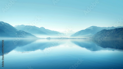 This is a beautiful landscape image of a mountain lake. The water is a deep blue color and the sky is light blue.