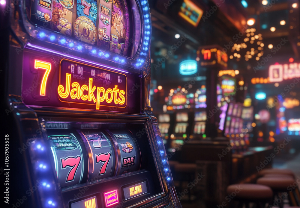 Close-up of a slot machine displaying triple sevens, indicating a jackpot win. Neon lights and casino ambiance in the background.
Close-up of a slot machine displaying triple sevens, indicating a jackpot win. Neon lights and casino ambiance in the background.