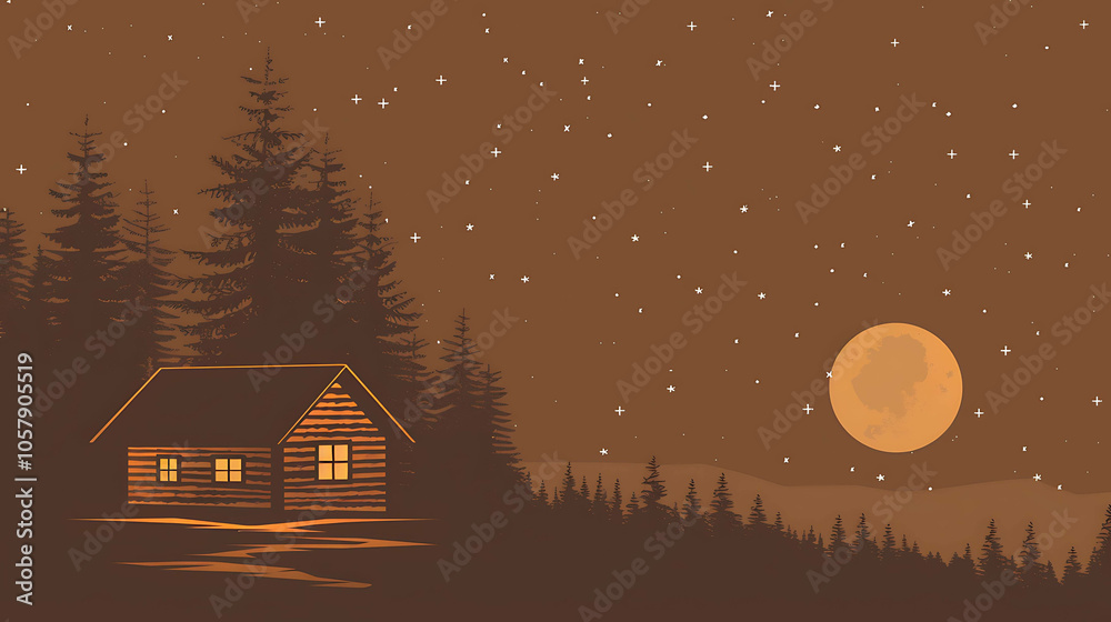 A wooden cabin nestled in a moonlit forest. The warm glow from the cabin windows contrasts with the cool, dark night sky. A wooden cabin nestled in a moonlit forest. The warm glow from the cabin windows contrasts with the cool, dark night sky.