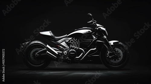 A powerful black motorcycle is isolated on a black background. The motorcycle is sleek and shiny, and it looks like it is ready to take off.