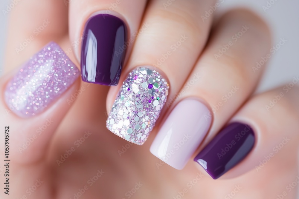 Φωτογραφία stylish manicure with dark plum, lilac, and glitter accents, featuring glossy da