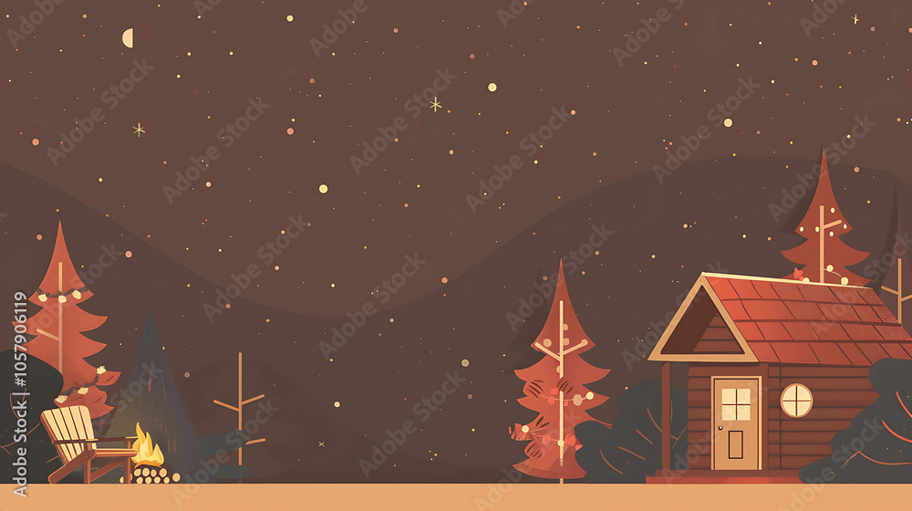 Fototapeta premium A cozy cabin nestled in the woods, surrounded by snow-capped trees and a starry night sky.