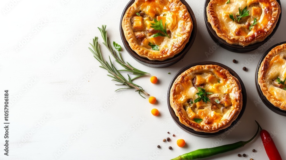 Top view of golden pot pies with flaky crust Top view of golden pot pies with flaky crust