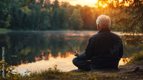 Elderly man meditating by peaceful lake