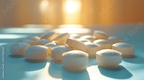 pills and tablets in various shapes scattered on a white surface, medical prescriptions, Prep medication, guided assistance