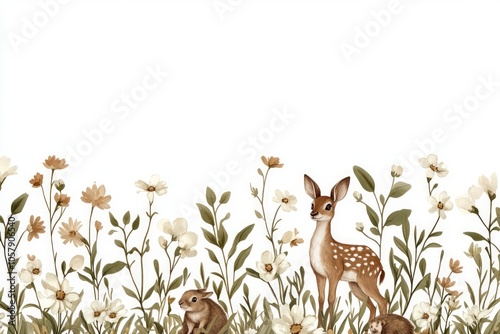 A serene illustration featuring a fawn and rabbits among flowers.