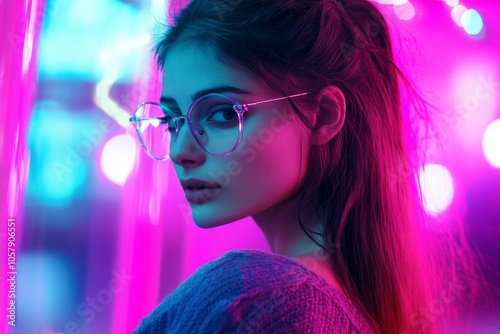 portrait of a cyberpunk girl in glasses with neon lighting