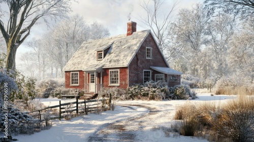 A charming winter scene featuring a red cottage surrounded by snow and trees.