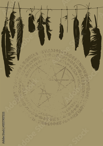 A4 vector banner on the theme of paganism, black magic and witchcraft with black bird crow feathers and satanic pentagram magic runes in a circle in the folk shaman style
