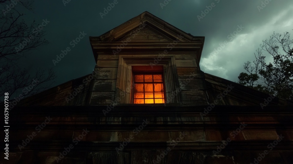 A single window glows with warm light in a dark, ominous building. A single window glows with warm light in a dark, ominous building.