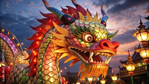 Illuminated dragon sculpture at a festive celebration against a twilight sky